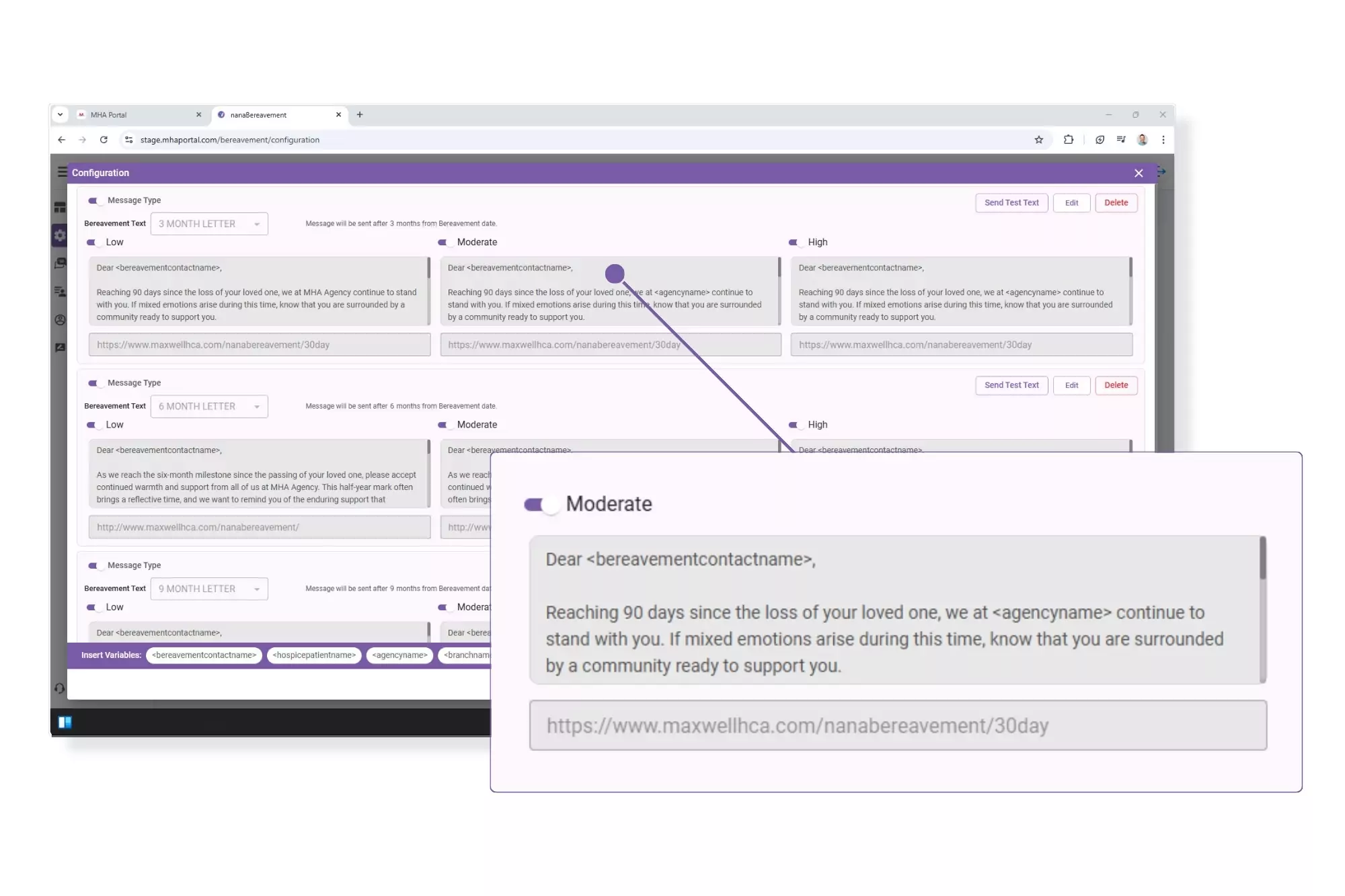 nanaBEREAVEMENT Configuration with Personalized Text Messages